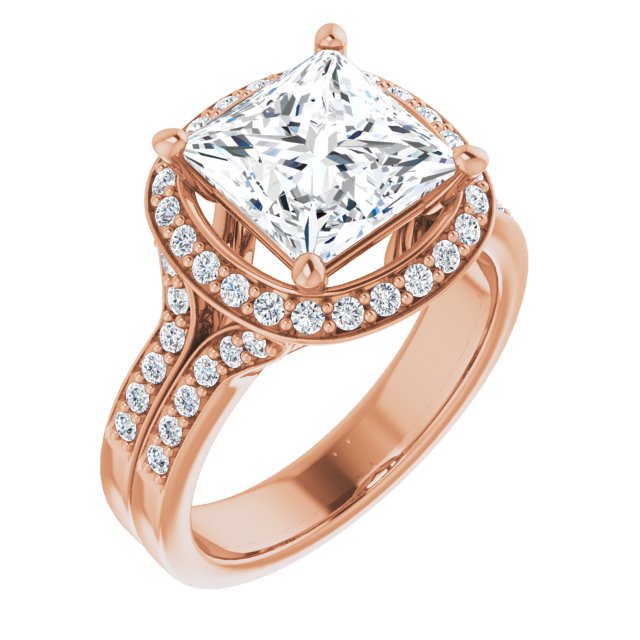 10K Rose Gold Customizable Princess/Square Cut Halo Style with Accented Split-Band