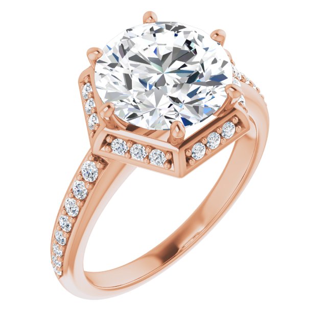 10K Rose Gold Customizable Round Cut Design with Geometric Under-Halo and Shared Prong Band