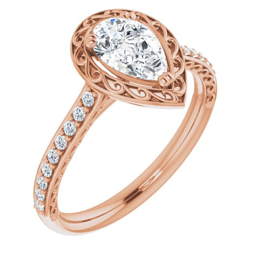 10K Rose Gold Customizable Pear Cut Halo Design with Filigree and Accented Band