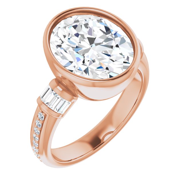 10K Rose Gold Customizable Cathedral-Bezel Oval Cut Style with Horizontal Baguettes & Shared Prong Band