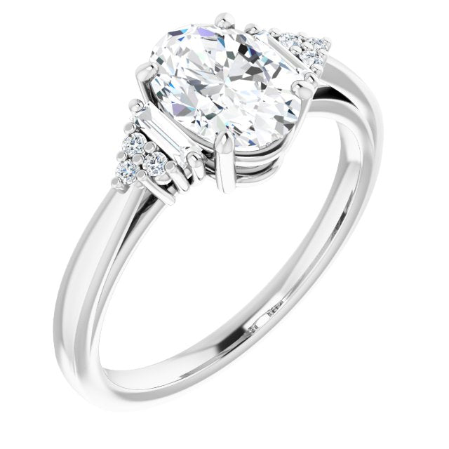 Cubic Zirconia Engagement Ring- The Barb (Customizable 9-stone Design with Oval Cut Center, Side Baguettes and Tri-Cluster Round Accents)