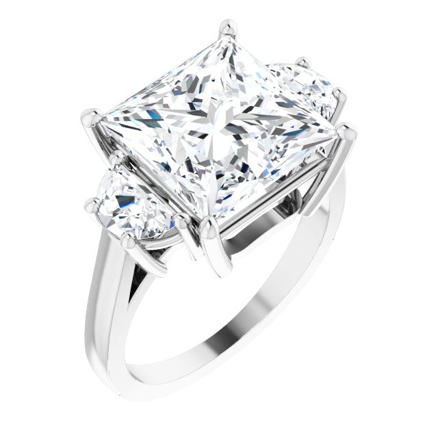 10K White Gold Customizable 3-stone Design with Princess/Square Cut Center and Half-moon Side Stones