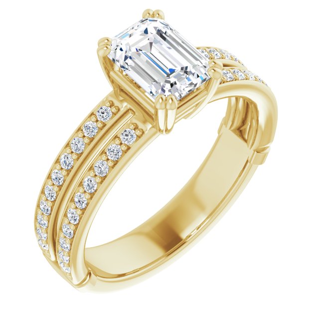 10K Yellow Gold Customizable Emerald/Radiant Cut Design featuring Split Band with Accents