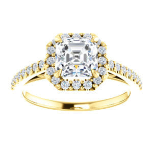 Cubic Zirconia Engagement Ring- The Sunshine (Customizable Asscher Cut Halo Design with Vintage Cathedral Trellis and Thin Pavé Band)