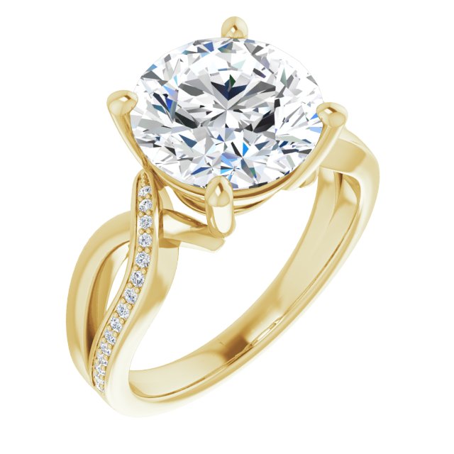 10K Yellow Gold Customizable Round Cut Center with Curving Split-Band featuring One Shared Prong Leg