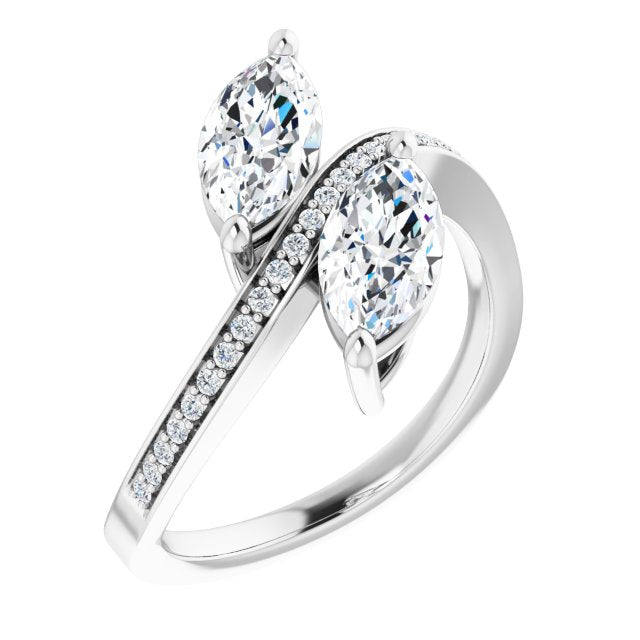 10K White Gold Customizable 2-stone Marquise Cut Bypass Design with Thin Twisting Shared Prong Band