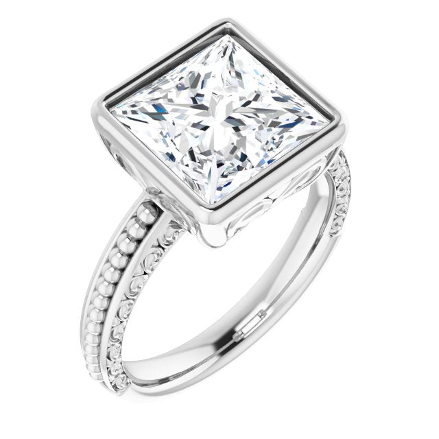 10K White Gold Customizable Bezel-set Princess/Square Cut Solitaire with Beaded and Carved Three-sided Band