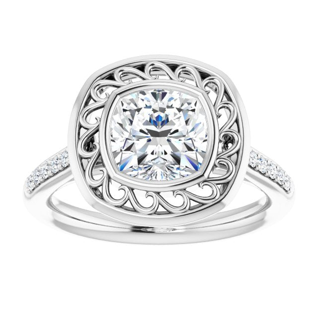 Cubic Zirconia Engagement Ring- The Hailey Belle (Customizable Cathedral-Bezel Cushion Cut Design with Floral Filigree and Thin Shared Prong Band)