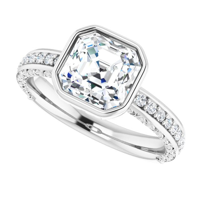 Cubic Zirconia Engagement Ring- The Araceli (Customizable Bezel-set Asscher Cut Design with Cloud-pattern Band & Semi-Eternity Accents)