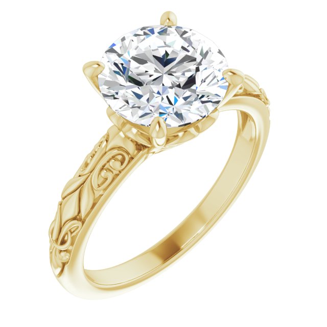 10K Yellow Gold Customizable Round Cut Solitaire featuring Delicate Metal Scrollwork