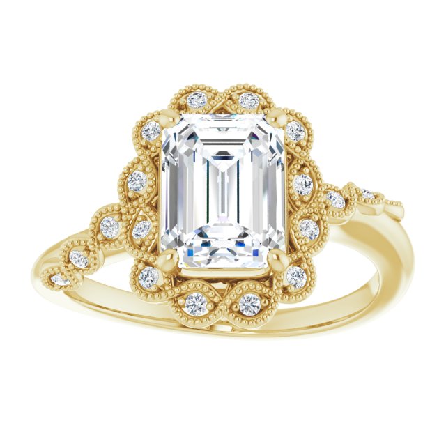 Cubic Zirconia Engagement Ring- The Makayla Belle (Customizable 3-stone Design with Emerald Cut Center and Halo Enhancement)