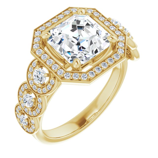 10K Yellow Gold Customizable Cathedral-set Asscher Cut 7-stone style Enhanced with 7 Halos