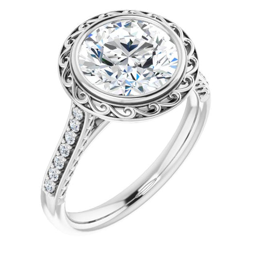10K White Gold Customizable Cathedral-Bezel Round Cut Design featuring Accented Band with Filigree Inlay