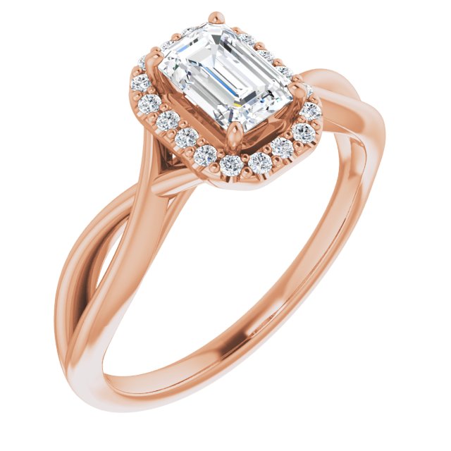 10K Rose Gold Customizable Cathedral-Halo Emerald/Radiant Cut Design with Twisting Split Band