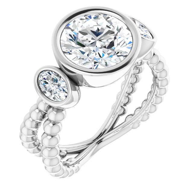 14K White Gold Customizable 3-stone Round Cut Design with 2 Oval Cut Side Stones and Wide, Bubble-Bead Split-Band