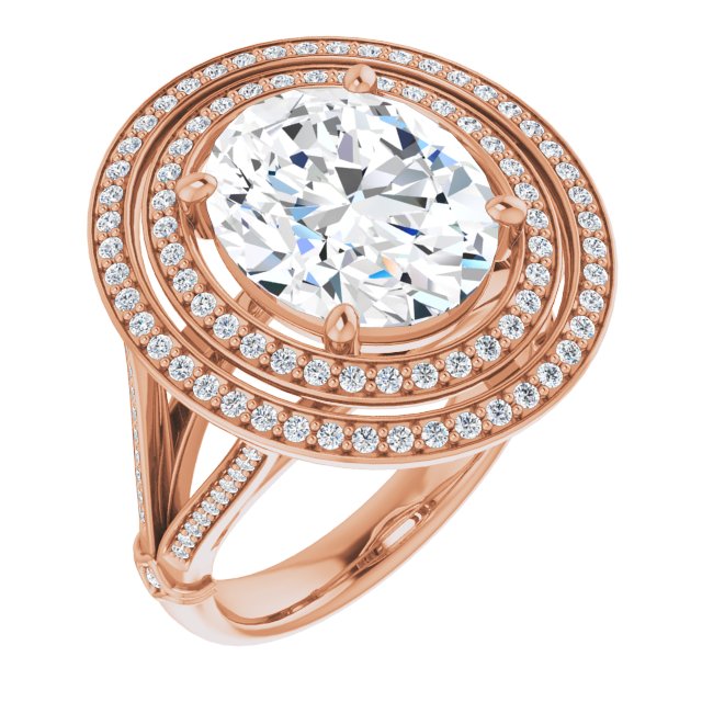 10K Rose Gold Customizable Cathedral-set Oval Cut Design with Double Halo, Wide Split-Shared Prong Band and Side Knuckle Accents