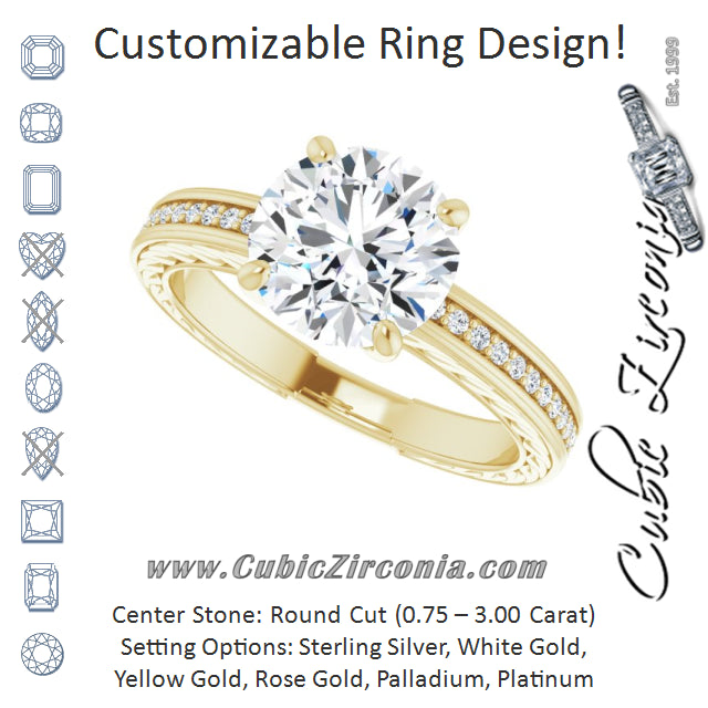 Cubic Zirconia Engagement Ring- The Angie (Customizable Round Cut Design with Rope-Filigree Hammered Inlay & Round Channel Accents)