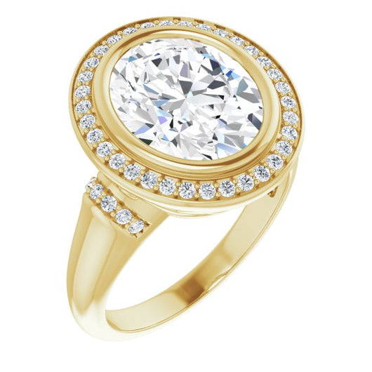10K Yellow Gold Customizable Bezel-set Oval Cut Design with Halo and Vertical Round Channel Accents