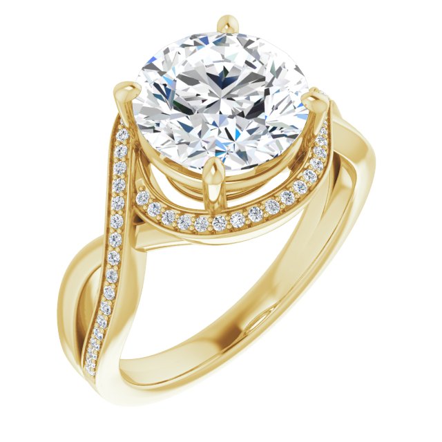10K Yellow Gold Customizable Bypass-Halo-Accented Round Cut Center with Twisting Split Shared Prong Band