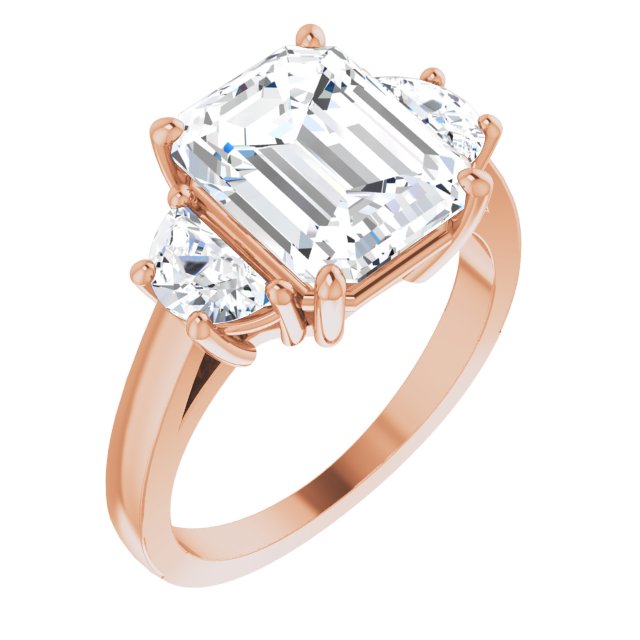 10K Rose Gold Customizable 3-stone Design with Emerald/Radiant Cut Center and Half-moon Side Stones