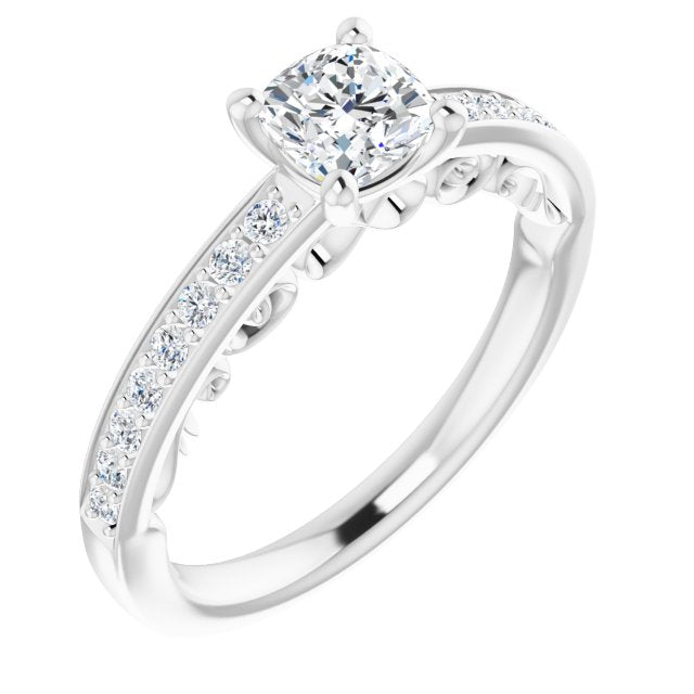 10K White Gold Customizable Cushion Cut Design featuring 3-Sided Infinity Trellis and Round-Channel Accented Band