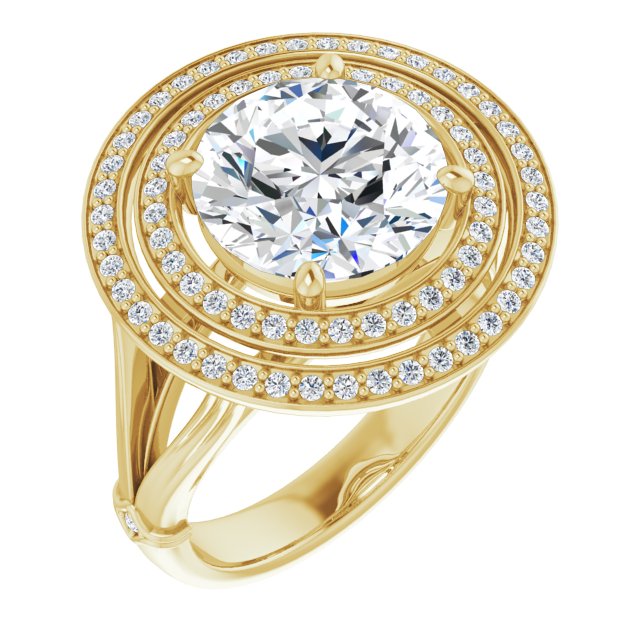 10K Yellow Gold Customizable Cathedral-set Round Cut Design with Double Halo, Wide Split Band and Side Knuckle Accents