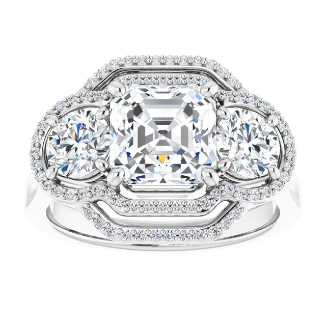 Cubic Zirconia Engagement Ring- The Fritzie (Customizable Cathedral-set Enhanced 3-stone Asscher Cut Design with Multidirectional Halo)