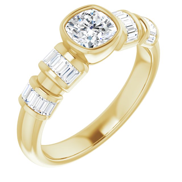 10K Yellow Gold Customizable Bezel-set Cushion Cut Design with Quad Horizontal Band Sleeves of Baguette Accents