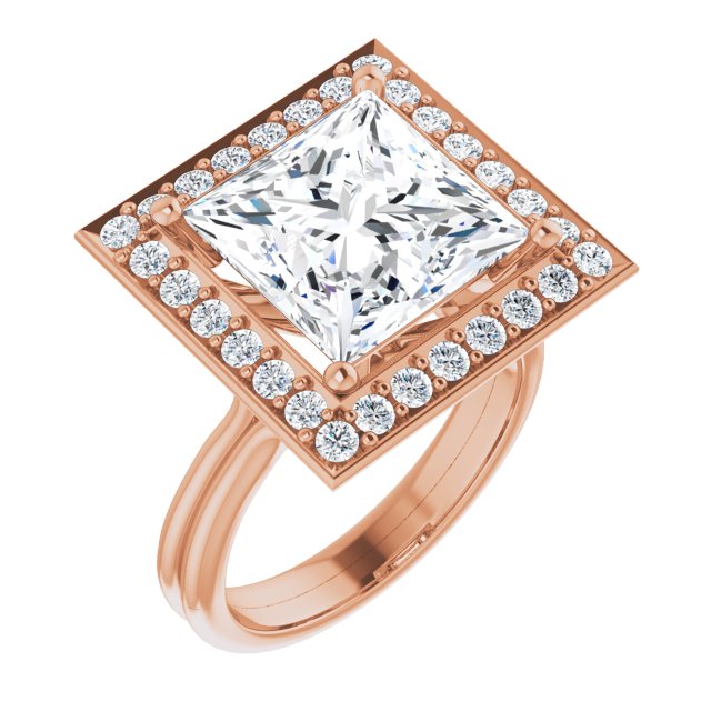 10K Rose Gold Customizable Cluster-Halo Accented Princess/Square Cut Style with Tapered Dual Band