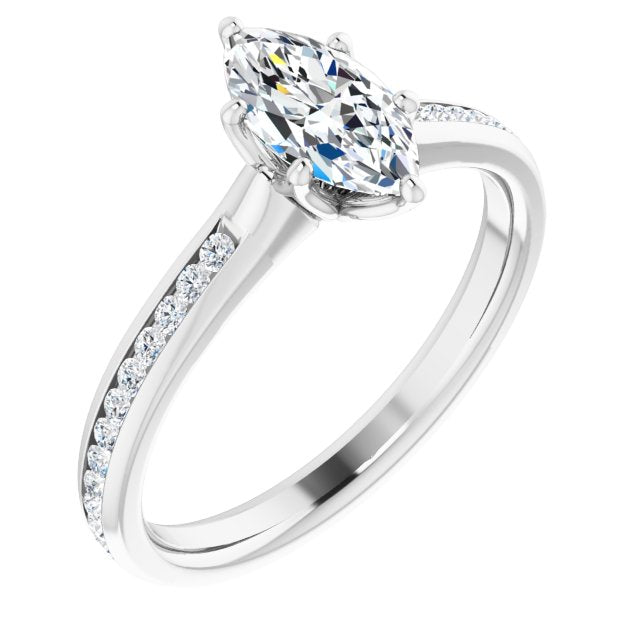 10K White Gold Customizable 6-prong Marquise Cut Design with Round Channel Accents