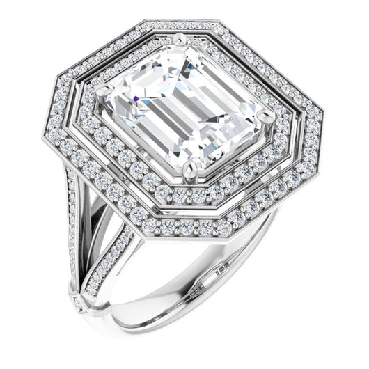 10K White Gold Customizable Cathedral-set Emerald/Radiant Cut Design with Double Halo, Wide Split-Shared Prong Band and Side Knuckle Accents