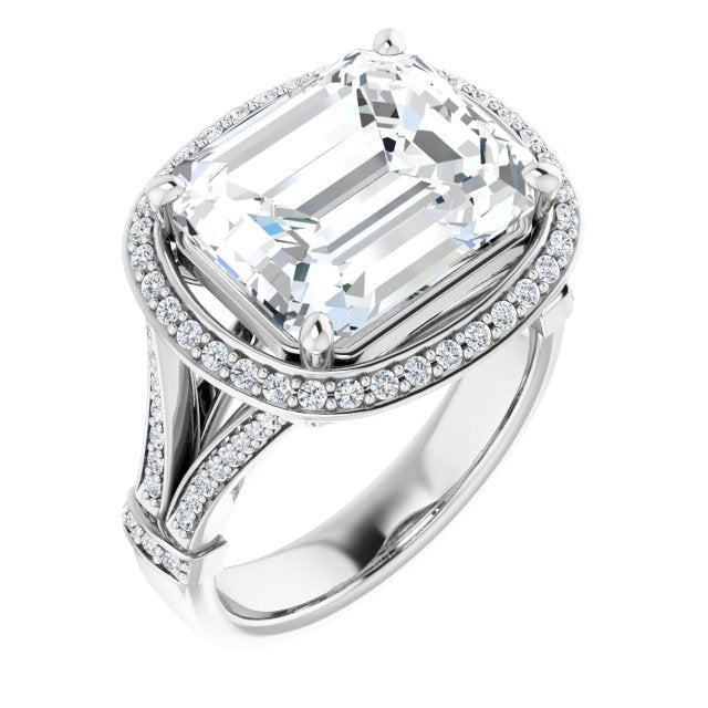 10K White Gold Customizable Emerald/Radiant Cut Setting with Halo, Under-Halo Trellis Accents and Accented Split Band