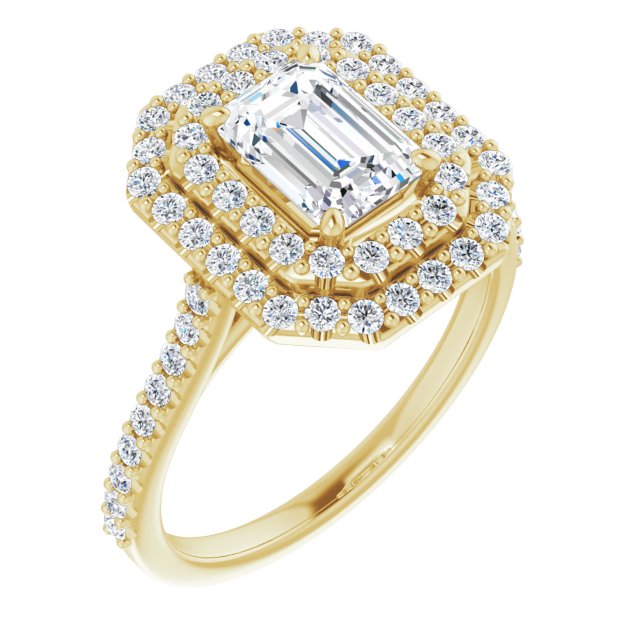 10K Yellow Gold Customizable Double-Halo Emerald/Radiant Cut Design with Accented Split Band
