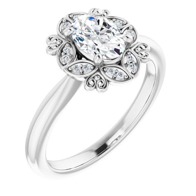 10K White Gold Customizable Oval Cut Design with Floral Segmented Halo & Sculptural Basket
