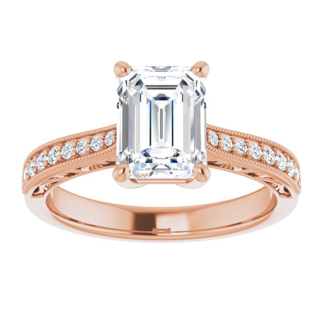 Cubic Zirconia Engagement Ring- The Lina (Customizable Emerald Cut Design with Round Band Accents and Three-sided Filigree Engraving)