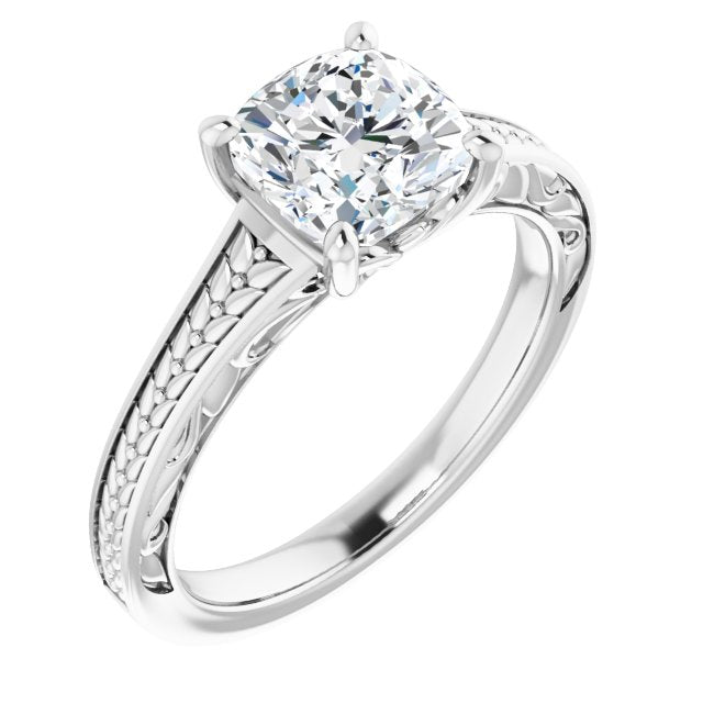 Cubic Zirconia Engagement Ring- The Shariya (Customizable Cushion Cut Solitaire with Organic Textured Band and Decorative Prong Basket)