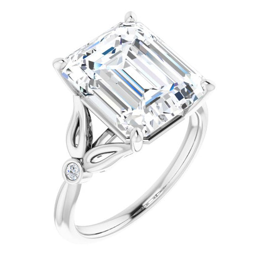 10K White Gold Customizable 3-stone Emerald/Radiant Cut Design with Thin Band and Twin Round Bezel Side Stones