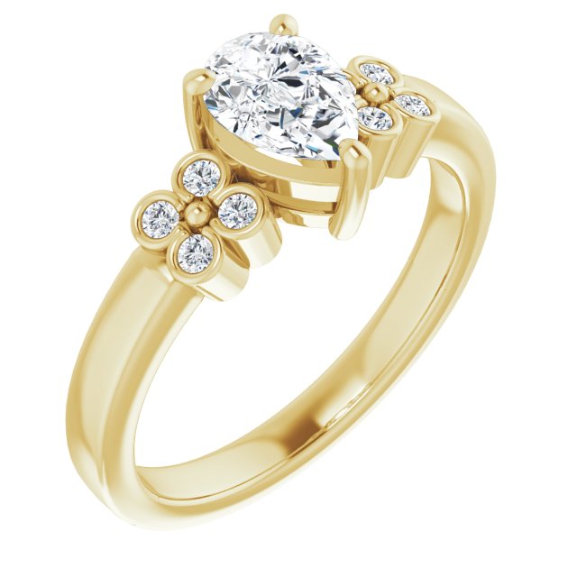 10K Yellow Gold Customizable 9-stone Design with Pear Cut Center and Complementary Quad Bezel-Accent Sets