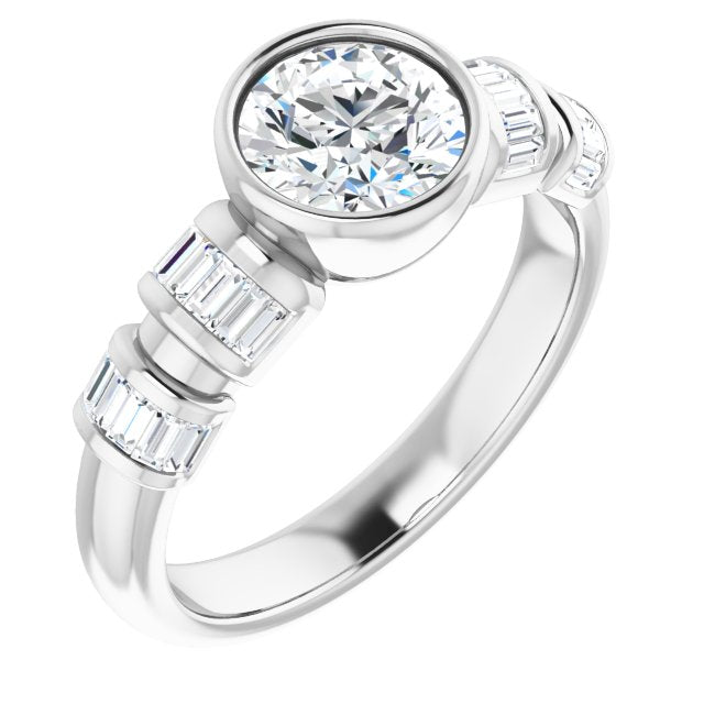 10K White Gold Customizable Bezel-set Round Cut Design with Quad Horizontal Band Sleeves of Baguette Accents