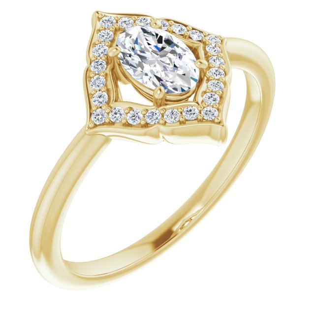 10K Yellow Gold Customizable Oval Cut Style with Artistic Equilateral Halo and Ultra-thin Band