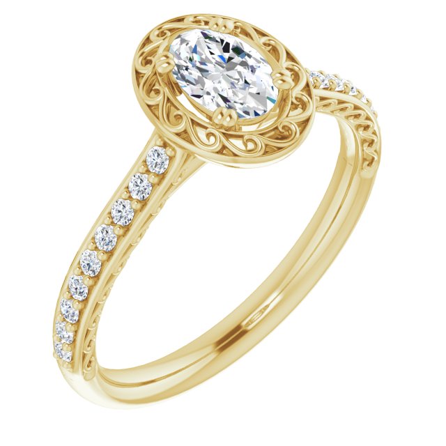 10K Yellow Gold Customizable Oval Cut Halo Design with Filigree and Accented Band
