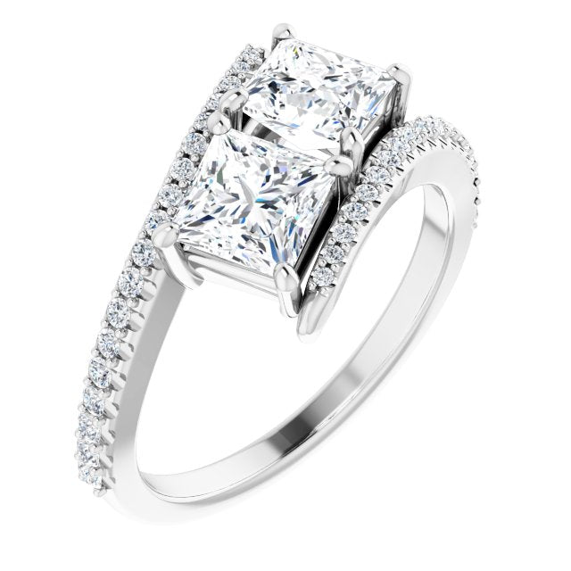 10K White Gold Customizable Double Princess/Square Cut 2-stone Design with Ultra-thin Bypass Band and Pavé Enhancement