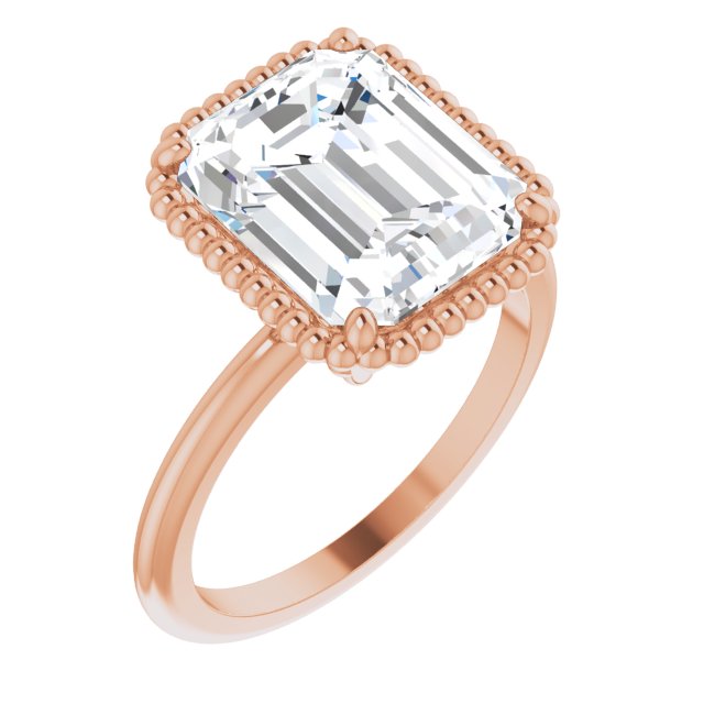 10K Rose Gold Customizable Emerald/Radiant Cut Solitaire with Beaded Metallic Milgrain