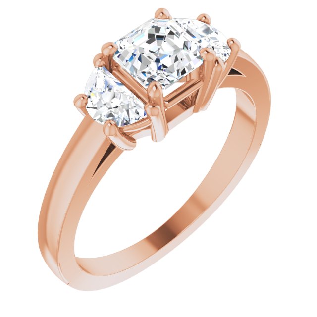 10K Rose Gold Customizable 3-stone Design with Asscher Cut Center and Half-moon Side Stones