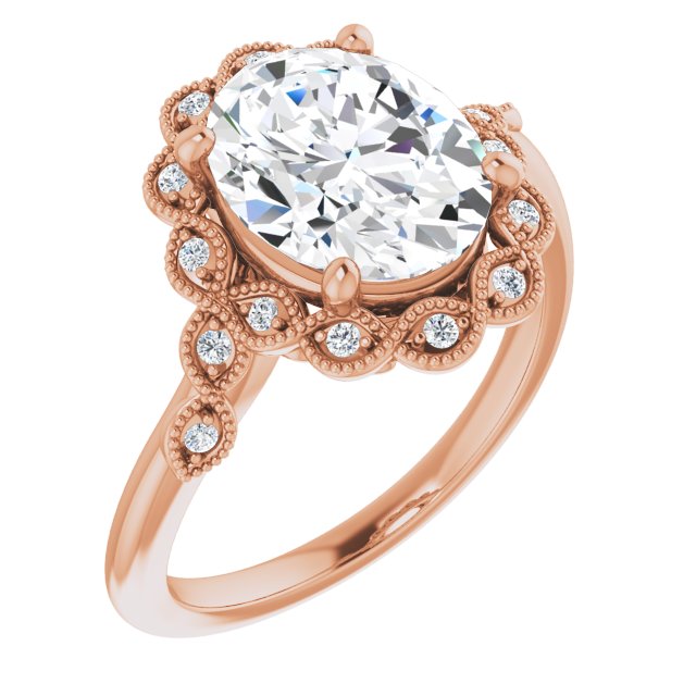 10K Rose Gold Customizable 3-stone Design with Oval Cut Center and Halo Enhancement