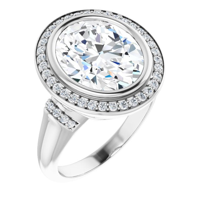 10K White Gold Customizable Bezel-set Oval Cut Design with Halo and Vertical Round Channel Accents
