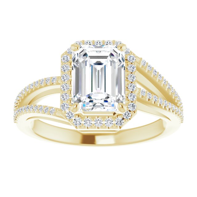Cubic Zirconia Engagement Ring- The Claudette (Customizable Emerald Cut Vintage Design with Halo Style and Asymmetrical Split-Pavé Band)