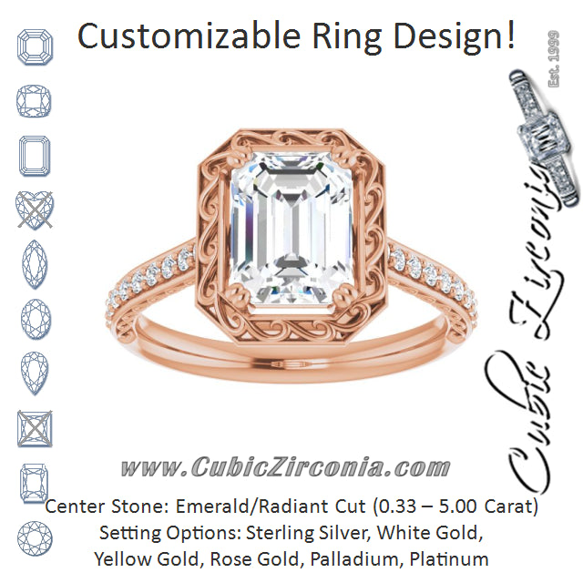 Cubic Zirconia Engagement Ring- The Montserrat  (Customizable Radiant Cut Halo Design with Filigree and Accented Band)