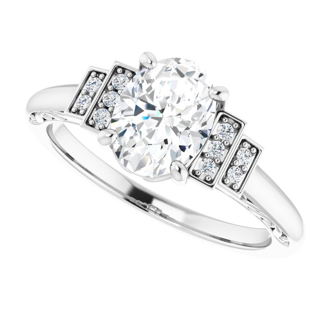 Cubic Zirconia Engagement Ring- The Brynhild (Customizable Engraved Design with Oval Cut Center and Perpendicular Band Accents)