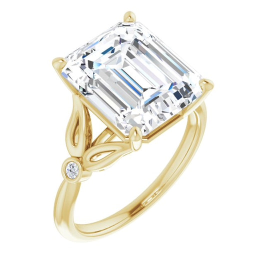 10K Yellow Gold Customizable 3-stone Emerald/Radiant Cut Design with Thin Band and Twin Round Bezel Side Stones